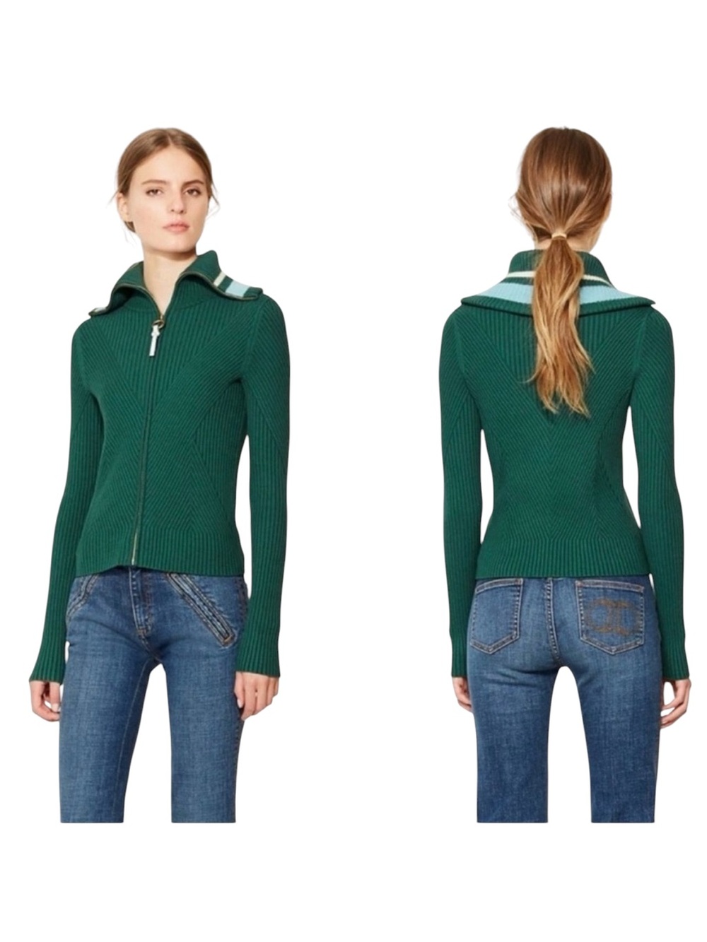 TORY BURCH Noland Norwood Green Front Zip Ribbed Cardigan Sweater XS - Picture 2 of 9